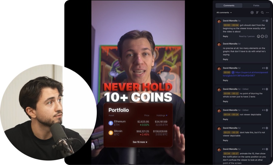 A video review with timestamped feedback comments down the right-hand side