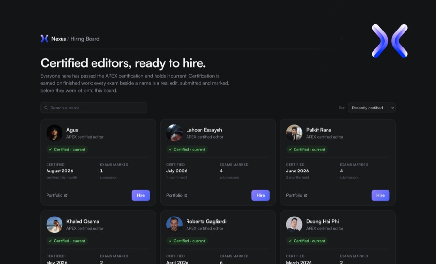 The Nexus hiring board listing APEX-certified editors available to hire