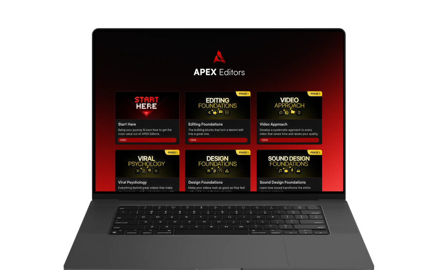 The APEX Editors course platform open on a laptop, showing the phase 1 modules