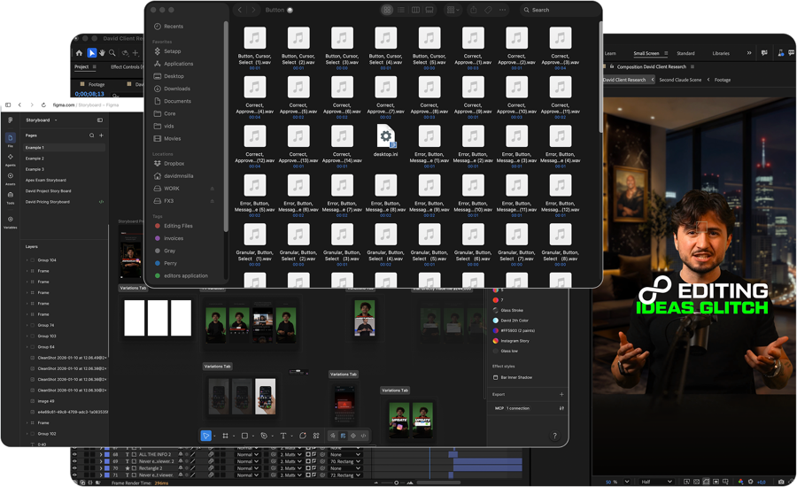 Floating windows: an SFX library, a Figma storyboard and an After Effects timeline