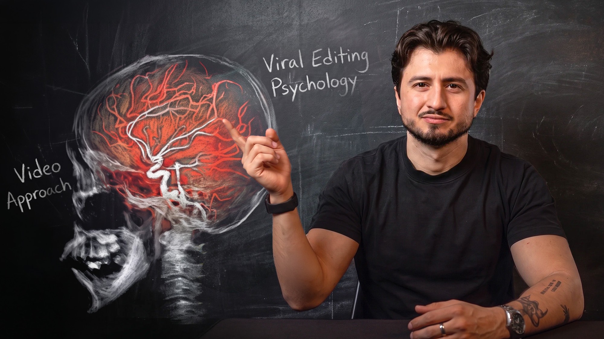 David beside a chalkboard brain sketch labelled Viral Editing Psychology and Video Approach