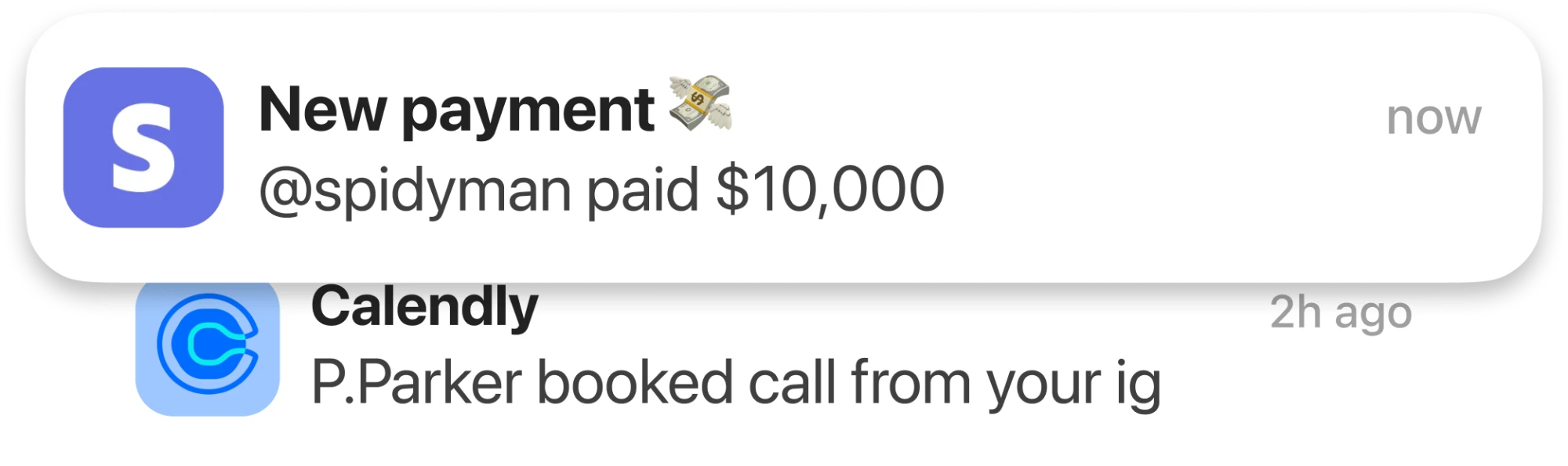 Notifications: a $10,000 payment received, and a call booked through Calendly